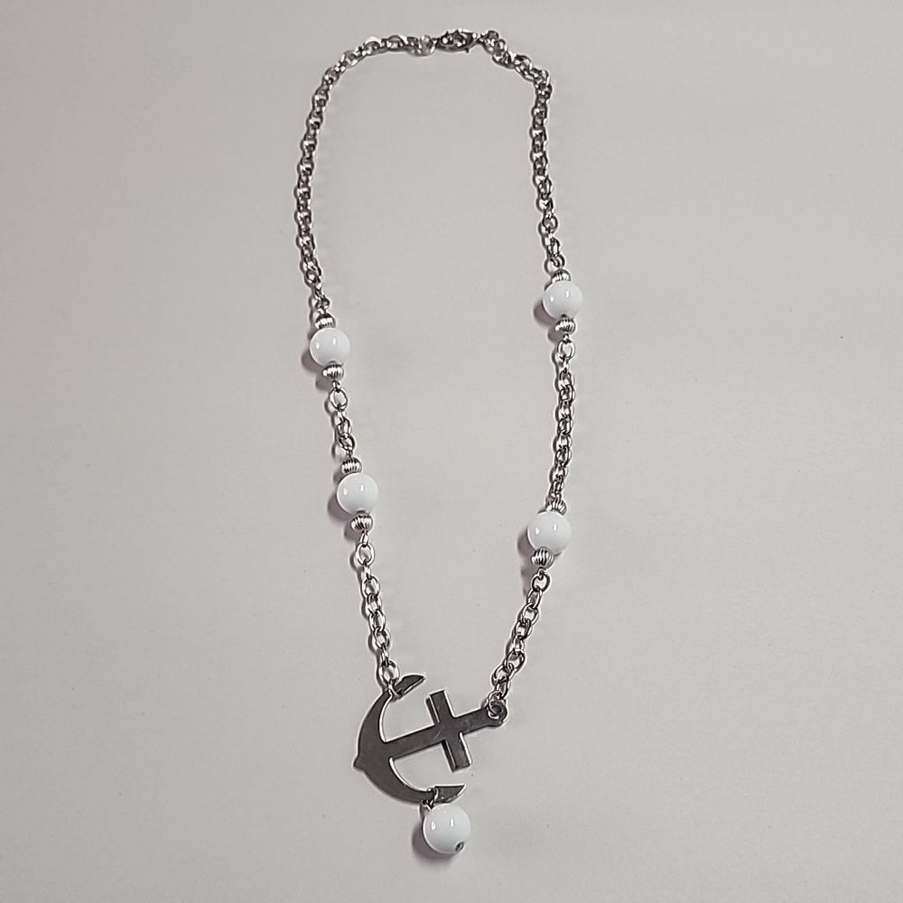 Anchor Necklace with White Round Beads Silver Tone Chain and Pendant